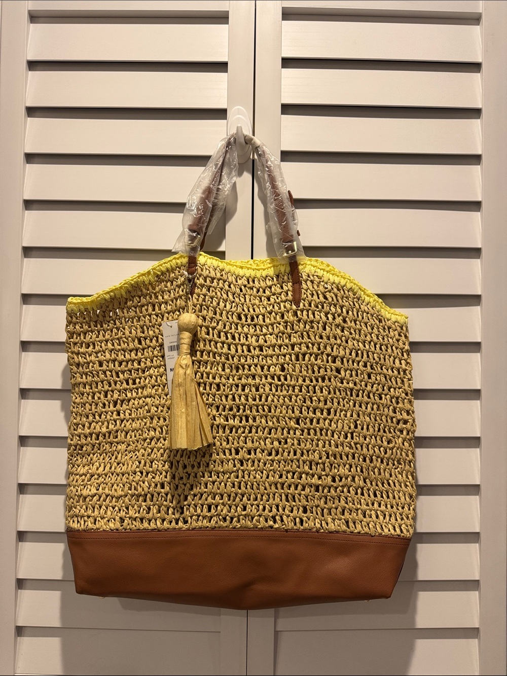 Ann Taylor NWT Yellow Woven Tote with Brown Base and Tassel